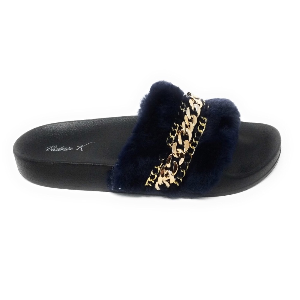 Women Blue Fluffy Faux Fur Linked Chain Sandals - Picture 2 of 3